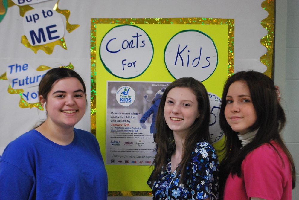 Nashoba Tech Class of 2023 officers who oversaw the Coats for Kids collection at the school include, from left, Christina Ferreira of Chelmsford, vice president; Sabrina Lewis of Ayer, president; and Sarah Kramer of Shirley, secretary. Missing from the photo is Avery Sturm of Groton, treasurer.